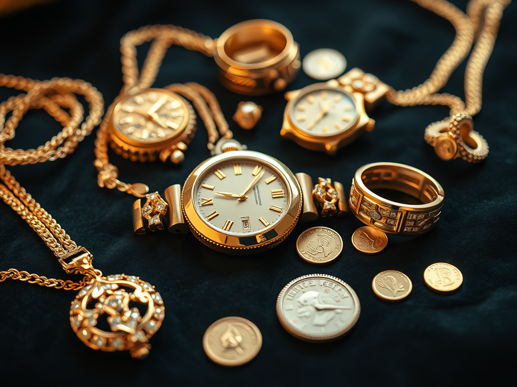 Assorted luxury gold jewelry including necklaces, rings, and watches, displayed on a dark surface with coins.